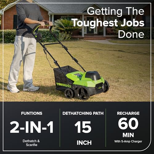 Image of Greenworks 40V 15-Inch 2-in-1 Dethatcher & Scarifier, 5.0Ah Battery & Rapid Charger Included, Brushless Motor, 5-Position Depth Adjustment