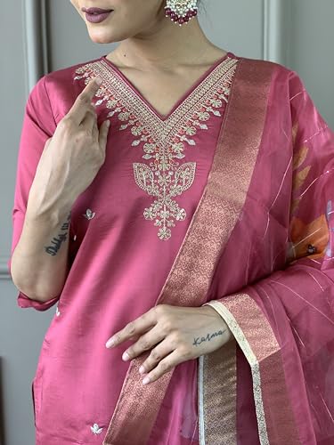 Image of Naixa Women's Viscose Silk Embroidered Straight Kurta with Pant and Dupatta Sets (S-Payal)