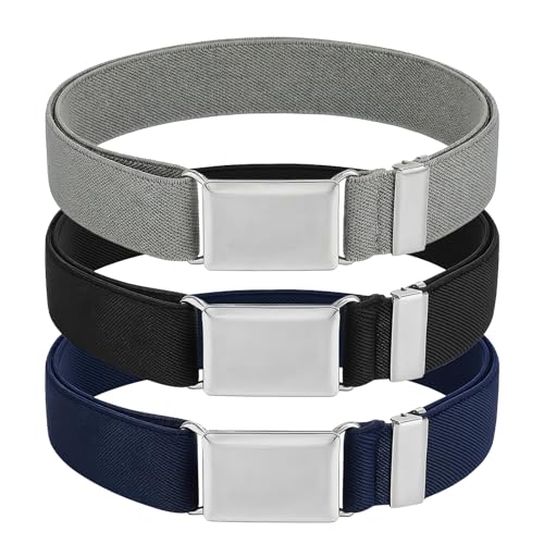 Larrel 3 Pieces Toddler Boy Belt Adjustable Elastic Boy Belt with Silver Buckle for Child Boys Girls Pants Jeans Casual School Uniform(Black Grey Navy Blue)