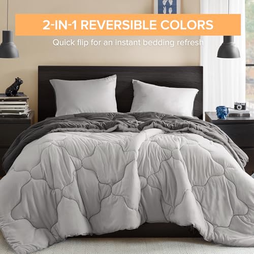 Image of Comfort Spaces Comforter Set Vibrant Reversible Comforters Queen Size Quilted Bedding Set, All Season Lightweight Bedding, Soft Microfiber Comforter, Vixie, Grey /Light Grey Full /Queen 3 Piece