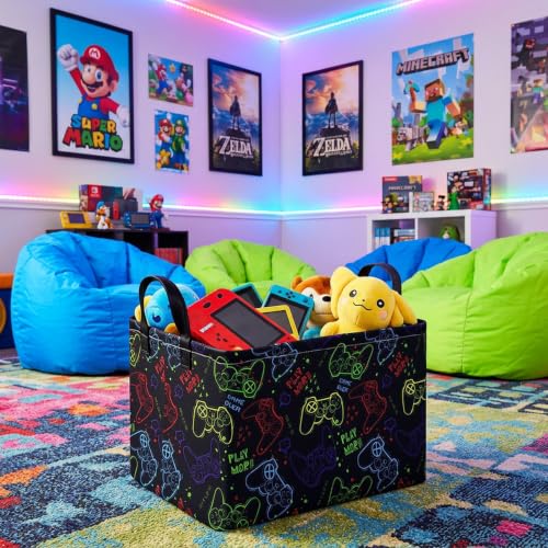 Image of MAIZMZ Game Controller Storage Bin, Waterproof Linen Laundry Basket with Handles for Game Room Bed, Gifts,Toys