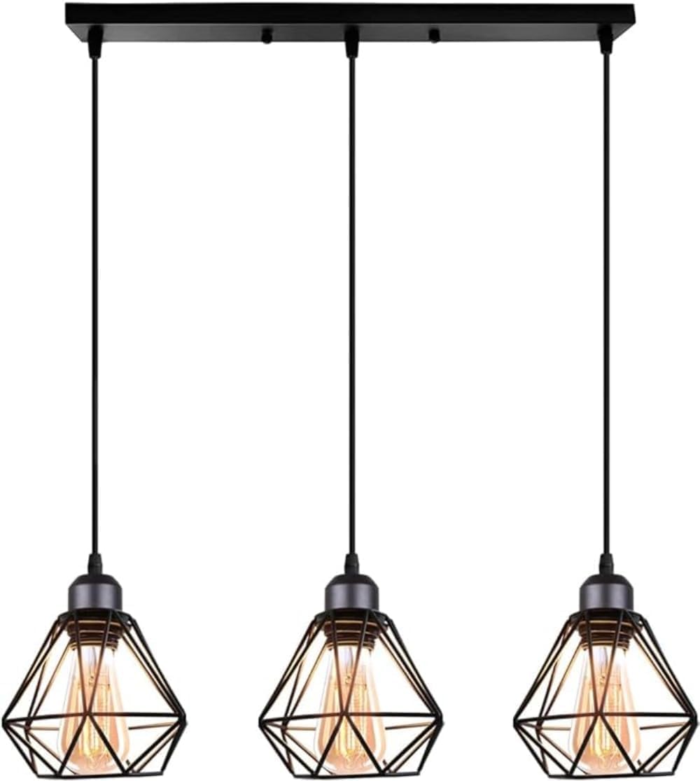 Lámpara colgante industrial de 3 luces, lámpara vintage de hierro negro con diseño geométrico, enchufe E27, accesorio colgante ajustable (6.3 x 6.7