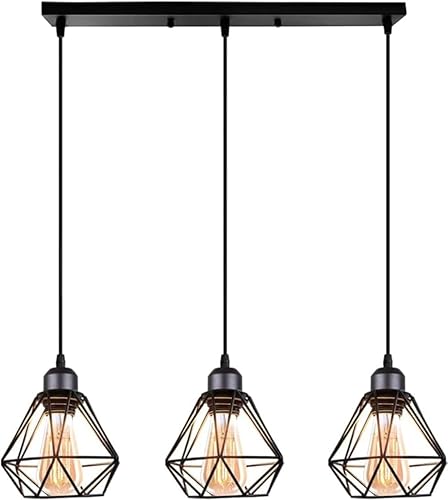 Lámpara colgante industrial de 3 luces, lámpara vintage de hierro negro con diseño geométrico, enchufe E27, accesorio colgante ajustable (6.3 x 6.7