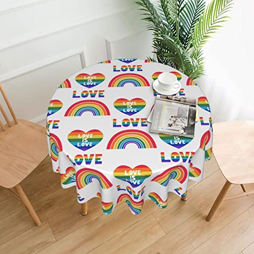 Rainbow With A Heart And The Inscription Love Is Love Tablecloth Round Table Cover Washable Polyester Table Cloth For Kitchen Party Picnic Dining Decor 60 Inch #TOP26