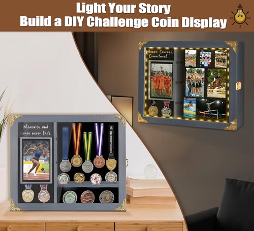 Image of Challenge Coin Display Case, Lighted Modern Coin Holder with Photo Frame, Wall Mount Shadow Box with Removable Shelves, Minimalist Home Office Decor, Memorial Gift for Men, Collectors, Gray