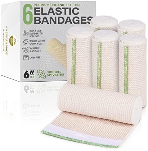 Premium Elastic Bandage Wrap (6" Wide, 6 Pack) - Made of USA Grown Organic Cotton - Hook & Loop Fasteners at Both Ends - GT Latex Free Hypoallergenic Compression Roll for Sprains & Injuries