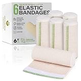 Premium Elastic Bandage Wrap (6" Wide, 6 Pack) - Made of USA Grown Organic Cotton - Hook & Loop Fast