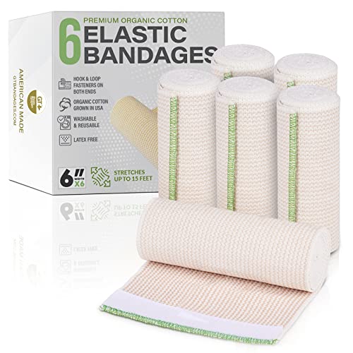 Premium Elastic Bandage Wrap (6" Wide, 6 Pack) - Made Of Usa Grown Organic Cotton - Hook & Loop Fasteners At Both Ends - Gt Latex Free Hypoallergenic Compression Roll For Sprains & Injuries #TOP3