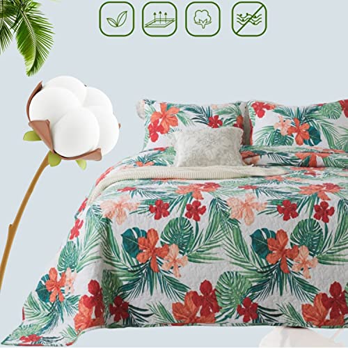 Fadfay Green Floral Cotton Quilt Sets Queen Tropical Palm Leaf Bedspreads Coverlet, 90X98'' Colorful Red Hibiscus Flower Pattern Lightweight Comforter Set Summer, 2 Pillow Shams, 3 Pieces #TOP1