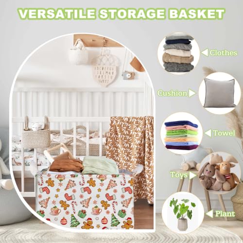 Image of Cute Christmas Gingerbread Storage Baskets, Candy & Christmas Tree Empty Gift Baskets, Winter Large Square Waterproof Canvas Laundry Hamper With PE Coating, Foldable Toy & Clothes Bins for Bedroom