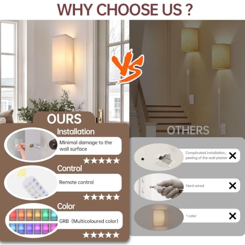 Image of Shenmoyl 2-Pack Rectangle Wall Sconces, Battery Operated with 6000mAh Rechargeable Bulb, 12 RGB Colors & Dimmable, Stick on Wall No Drill, Timer Function, Linen Shade for Bedroom Living Room Decor