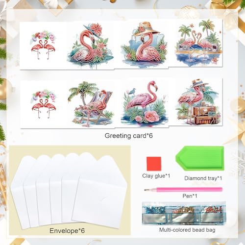 Image of AiYuanzsh 6 Pack Diamond Painting Greeting Card Kits Flamingo Summer Designs, DIY 5D Diamond Art Greeting Cards with Envelopes for Birthday, Thanksgiving, Holiday Wishes and Handmade Gifts