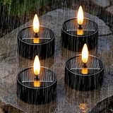 Solar Teelichter für Außen, 4 Pcs Solar Led Teelichter Outdoor Wasserdicht mit Timerfunktion und Warmweißes Flackern, Led Teelichter Solar Outdoor, Solarkerzen Außen Wasserdicht Klein (Schwarz)