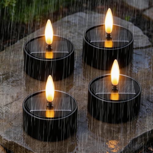 Solar Teelichter für Außen 4 Pcs Solar Led Teelichter Outdoor Wasserdicht mit Timerfunktion und Warmweißes Flackern Led Teelichter Solar Outdoor Solarkerzen Außen Wasserdicht Klein (Schwarz)