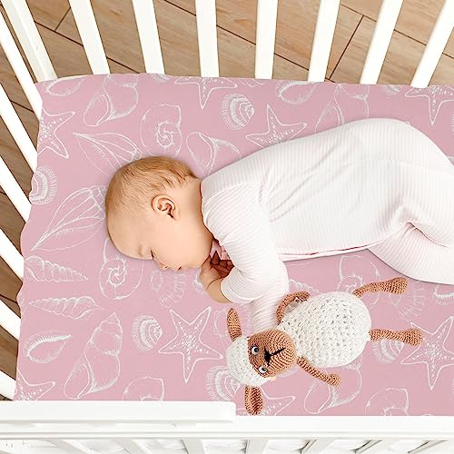 Image of Pink Seashells Crib Sheets for Boys Girls, 39x27 Inch Soft and Breathable Pack n Play Sheets, Portable Mini Stretchy Cribs Sheets