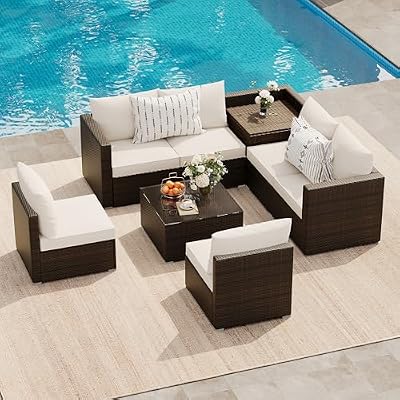 8 Pieces Outdoor Patio Furniture Set, Rattan Wicker Patio Conversation Sets with Cushions, Coffee Table and Storage Box, Outdoor Sectional Furniture Set for Balcony Porch Pool Backyard, Brown + Beige