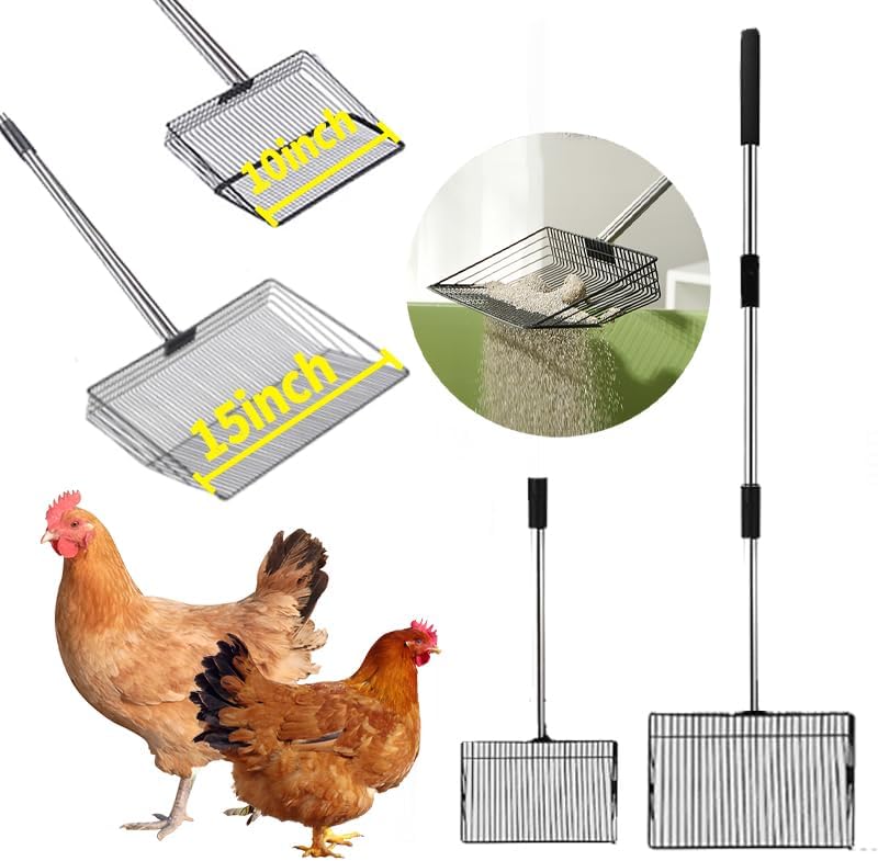 Chicken Poop Scooper for Sand, 2Pack Chicken Coop Scoop, Rake, and Cleaning Tools, Stainless Steel Litter Sifting Shovel for Coop Waste with 15