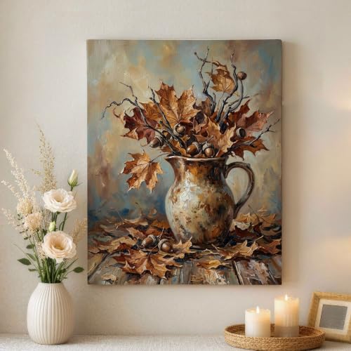 Lienzo de hojas rústicas otoñales pintura marrón de pared para sala de estar