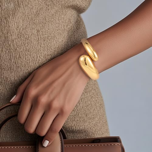 Yowivon Gold Bangles Bracelet for Women, Irregular Chunky Gold Bracelet Teardrop Wave Twisted Hinged Open Bangle Bracelets, Non Tarnish 18K Gold Plated Thick Cuff Bracelets Trendy Jewelry Gifts4