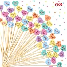 Maxcheck 600 Pcs Valentines Day Cocktail Picks 4.7" Assorted conversation Hearts Bamboo Toothpicks Food Skewers for Appetizers Fruit Sticks for Party Decoration, 6 StylesColorful,Heart