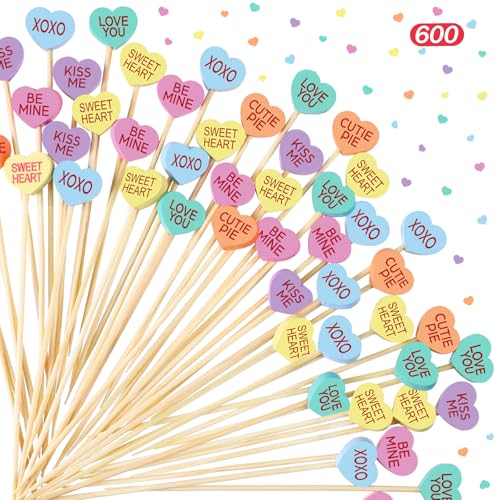 Maxcheck 600 Pcs Valentine\'s Day Cocktail Picks 4.7\" Assorted conversation Hearts Bamboo Toothpicks Food Skewers for Appetizers Fruit Sticks for Party Decoration, 6 Styles(Heart)
