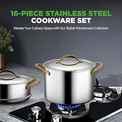 Image of NutriChef 16 Piece Stainless Steel Cookware Set, Induction Cookware with Golden Handles - Non Stick Pots and Pans Set with lids and Utensils - PFOA /PFOS Free, Oven Safe, & Easy to Clean