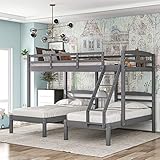 Full Over Twin and Twin Bunk Bed, Wooden Triple Bunk Bed with Storage for Kids Girls Boys, Space-Saving Bunk Beds for 3, Gray…