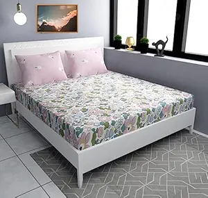 Aroma Brand- Elastic Fitted bedsheet King Size 400tc Cotton (108x108 inches) for Double Bed with 2 Coordinate Pillow Covers (Baby Pink -Floral)