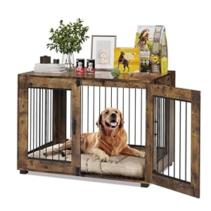 23.6″ Dog Crate Furniture, Wooden Kennel with Locking Double Doors, Chew-Resistant Indoor Pet Cage End Table for Small Breeds, Brown
