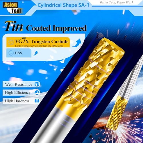 Image of SA-1 5pcs Solid Tungsten Carbide Burr TiN Rotary File Cylindrical Shape Double Cut for Die Grinder Drill Bits 1 /4'' Inch Diameter of Shank and Cutter 5 /8'' Inch Cutter Length