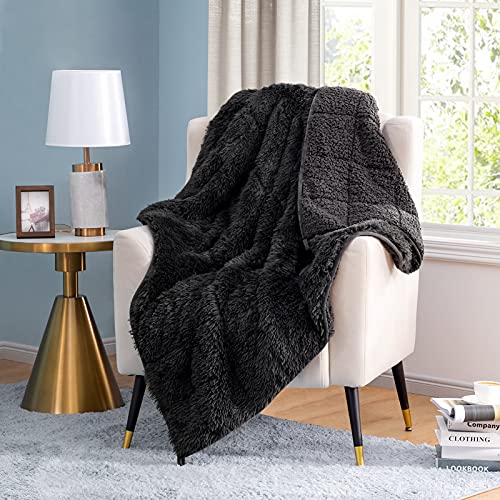 joybest Faux Fur Weighted Blanket Oeko-Tex Standard 100 Certified Sherpa Fleece 15 Pounds 60x80 Inches Queen Size Heavy Weighted Blanket with Premium Glass Beads, Grey