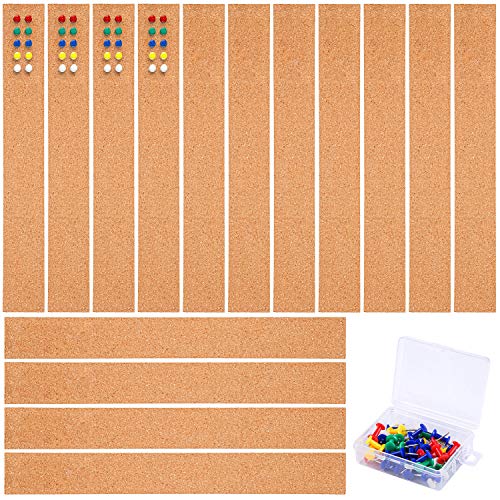 Cooraby 15 Pack Cork Bulletin Board Frameless Self-Adhesive Cork Strips 2 x 13.7 Inches Memo Boards with 40 Pins for Office School and Kitchen
