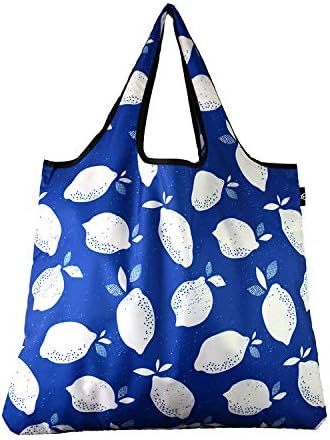YaYbag JUMBO Size, Fashionable Reusable Shopping Bags, Reusable Grocery Bags, Reusable Produce Bags, Washable Reusable Bags, Foldable Reusable Bags, 55 lbs Heavy Duty Polyester, Blue Lemon