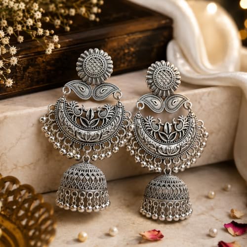 Image of I Jewels Traditional Oxidized Chandbali Jhumka Earrings with Floral and Leaf Motif for Women (E3469OX)
