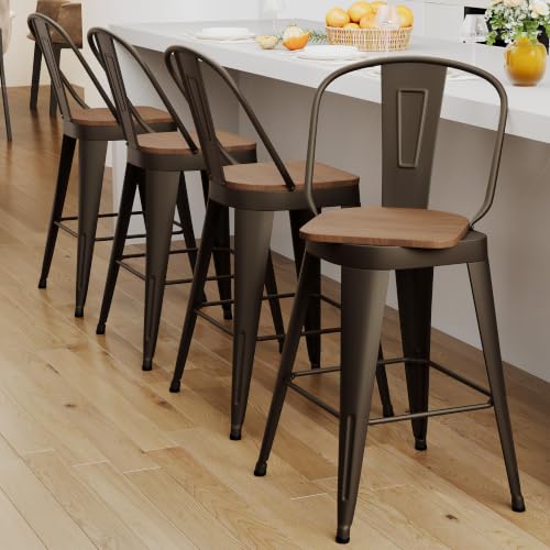 Butacos giratorios de bar de 24 pulgadas, juego de 4 sillas de altura para mostrador con estructura metálica y asiento de madera, estilo granja moderna para isla de cocina o comedor