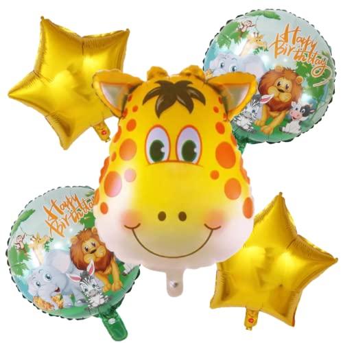 Image of Party Decorz Giraffe Happy Birthday Foil Balloon Set Of 5pcs (1pcs Giraffe Foil Balloon+ 2pcs Animal Foil Balloon +2pcs Star Foil Balloon) For Jungle /Safari /Animal /Zoo Theme Birthday Party Decoration