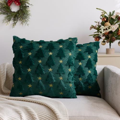 yeshttdy Christmas Tree Pillow Covers 18x18 Inch Set of 2 Green Xmas Plush Faux Fur Wool Decorative Throw Pillow Cover Winter Holiday Pillow Case for Sofa Couch Living Room Decorations