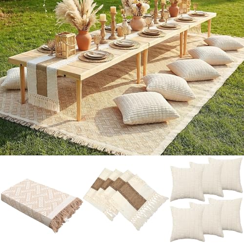 Beeveer Extra Large Outdoor Boho Picnic Blanket 150'' X 71'' Beige White Table Runner 6 Throw Pillow Cover Woven Cotton Yarn Oversize Beach Blanket Washable for Picnic Camp Wedding
