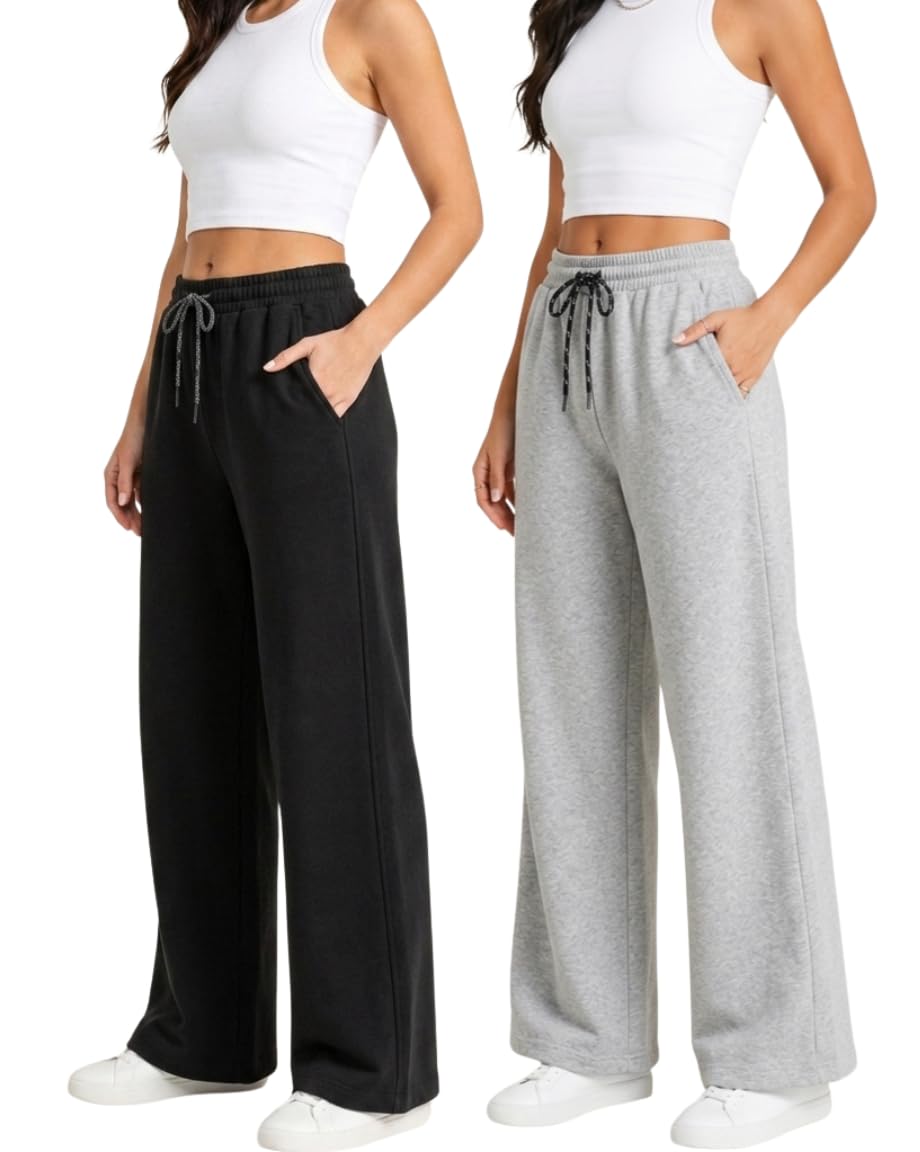 Stylbase Women’s Wide Leg Combo Track Pants – Elastic Drawstring Waist – Soft Breathable Cotton Relaxed Fit Lounge & Travel Trousers for Women & Girls (Pack of 2)