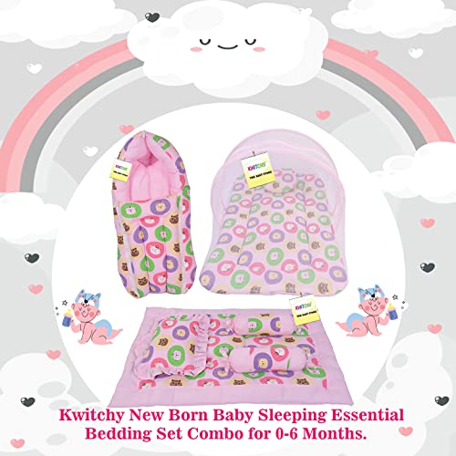 Image of Kwitchy New Born Baby Bedding Combo of Mattress with Net | 4 Pcs Gadda Set (0-6 Months) Pink (3PCS Set)
