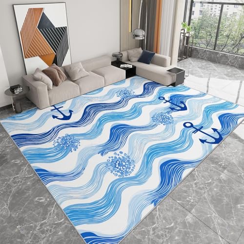 Tapis de salon lavable à rayures ondulées ancre nautique bleu - 3