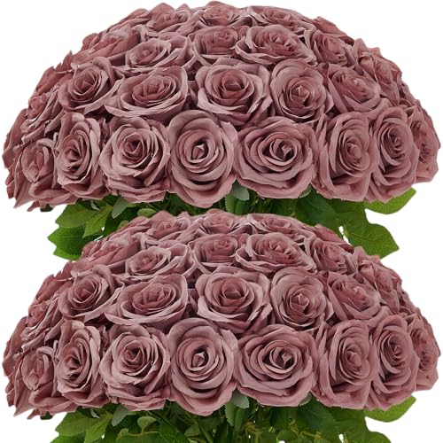 Carlita‘s Blooms 50Pcs Dusty Rose Roses Artificial Flowers Artificial Silk Roses Bulk,Fake Roses Flower with Stems Realistic Flowers for Wedding Centerpiece Home Party Decor