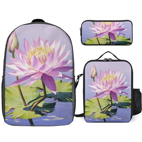 3 Piece Backpack for Women Men Lightweight Causal Daypack Shoulder Bag Set with Insulated Lunch Bag And Pencil Case Organizers Purple Water Lily