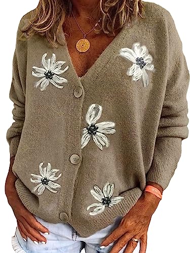 ebossy Women's Embroidery Floral Cable Knit Cardigans Button Down Artistic Aesthetic Sweater