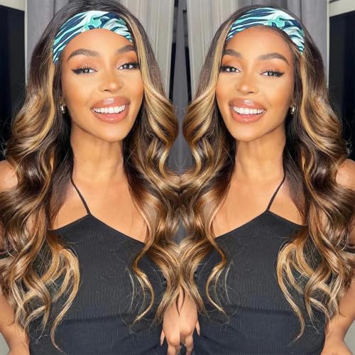 Image of Celiarita Highlight Body Wave Headband Wig Human Hair Wigs #4 /27 None Lace Front Machine Made Ombre Body Wave Headband Human Hair Wigs for Black Women 16 Inch