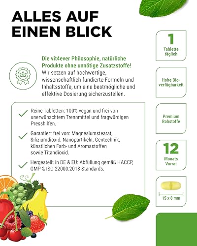 Multivitamin A-Z - 365 Tabletten (12 Monate) - 32 aktive Inhaltsstoffe - Kombination aus Mineralien + Aminosäuren + Spurenelementen + Pflanzenextrakten - Vegan - Hochdosiert – Bild 7