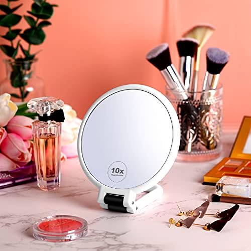 Jetec Magnifying Handheld Mirror Folding Double Sided Pedestal Mirror Travel Makeup Mirror Magnification Portable Cosmetic Mirror with Adjustable Folding Handle, White (10X)