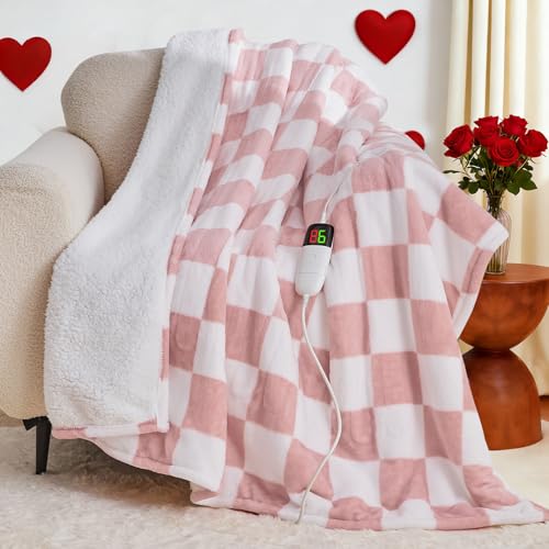 Light Pink Heated Blanket Electric Throw 50X60 Heating Blanket with 10 Heating Levels & 8 Hours Auto Off for Lap Checkered Plaid Soft Sherpa Blankets Gifts for Mom Grandma Women Couch