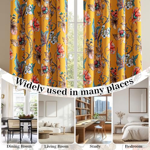 Image of MYSKY HOME Yellow Floral 95% Blackout Curtains 84 Inches Long for Living Room Bedroom Thermal Insulated Light Blocking Noise Reducing Flower Printed Vintage Window Treatments Grommet, 2 Pcs, 52 inch Wide