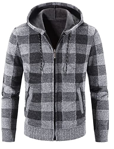 Image of Kinkia Men's Zip Up Hoodies Casual Long Sleeve Full Zipper Sherpa Fleece Lined Knit Cardigan Sweater Jacket with Pockets
